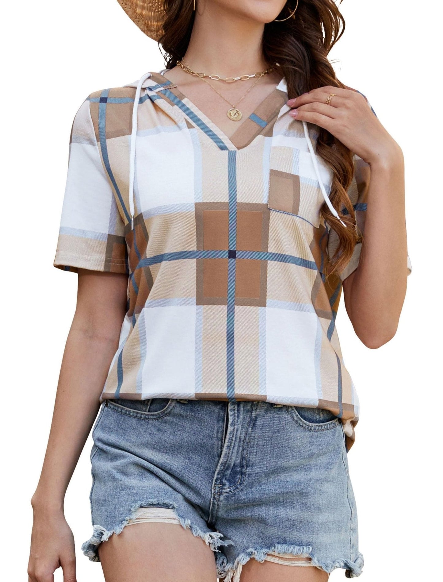 Dania Casual V Neck Hoodie Tunic with Pocket Cotton Cuffed Tops