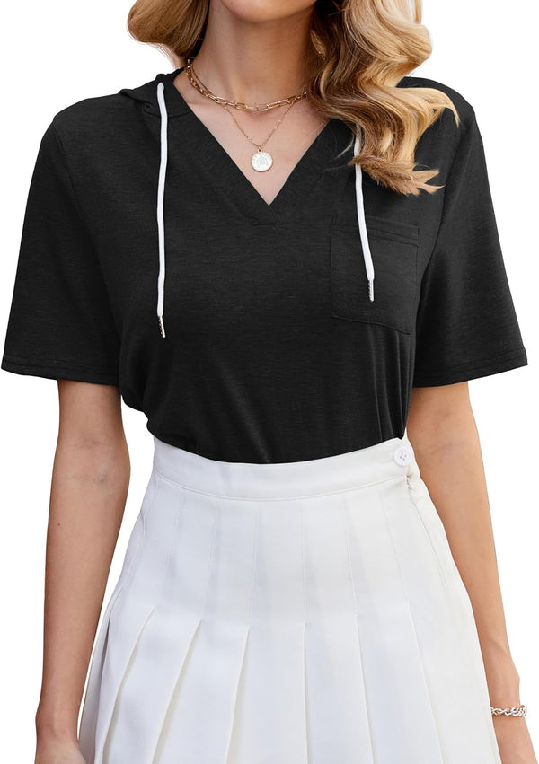 Dania Casual V Neck Hoodie Tunic with Pocket Cotton Cuffed Tops