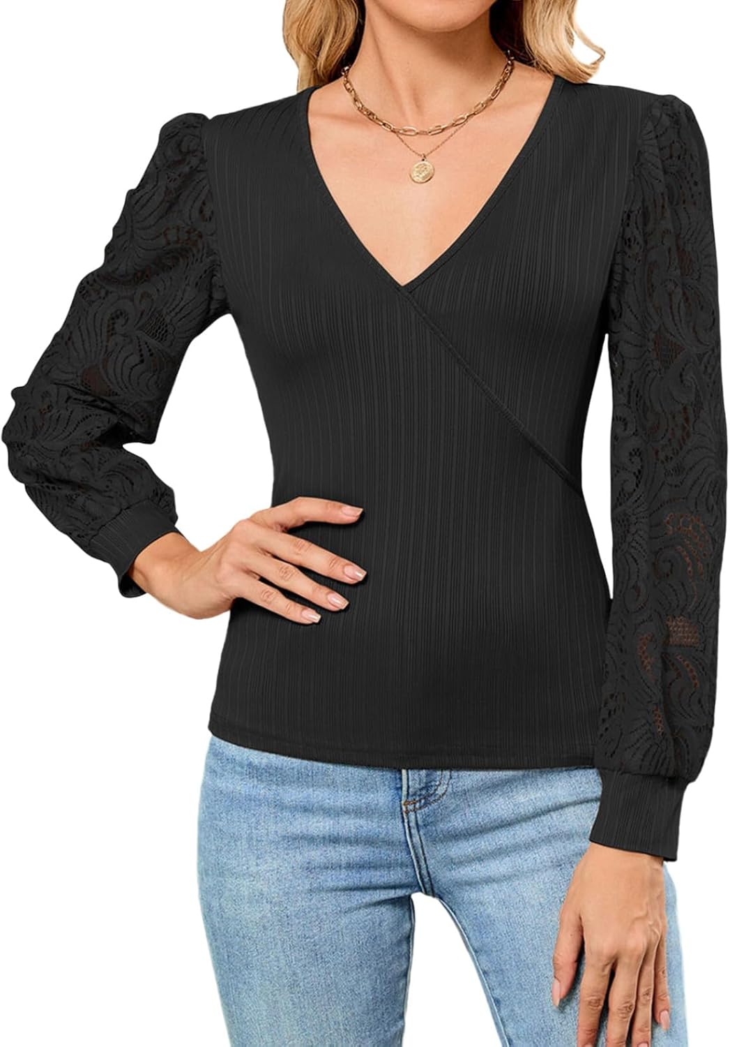 Dionelis Cross Wrap Deep V Neck Long Sleeve Tops