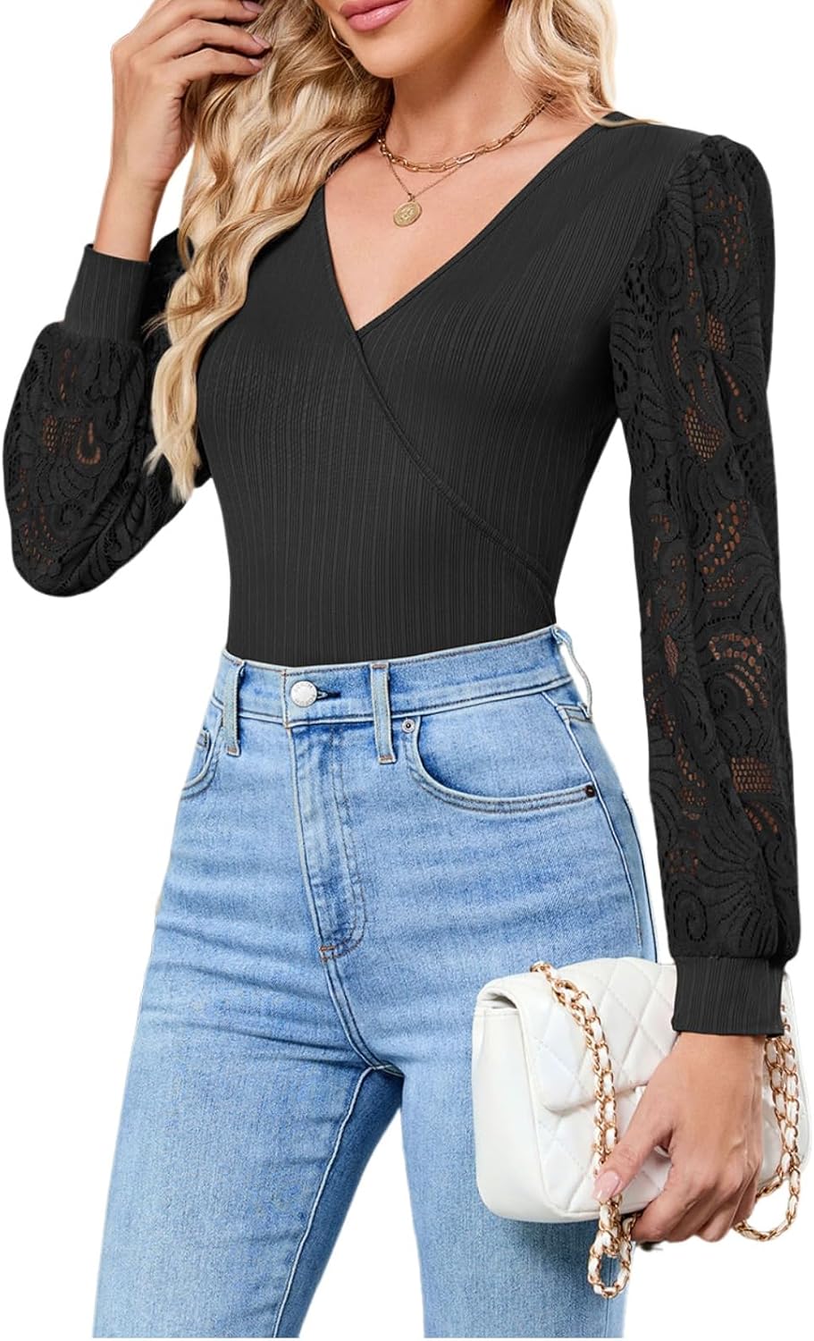 Dionelis Cross Wrap Deep V Neck Long Sleeve Tops