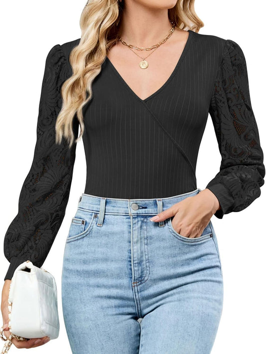 Dionelis Cross Wrap Deep V Neck Long Sleeve Tops