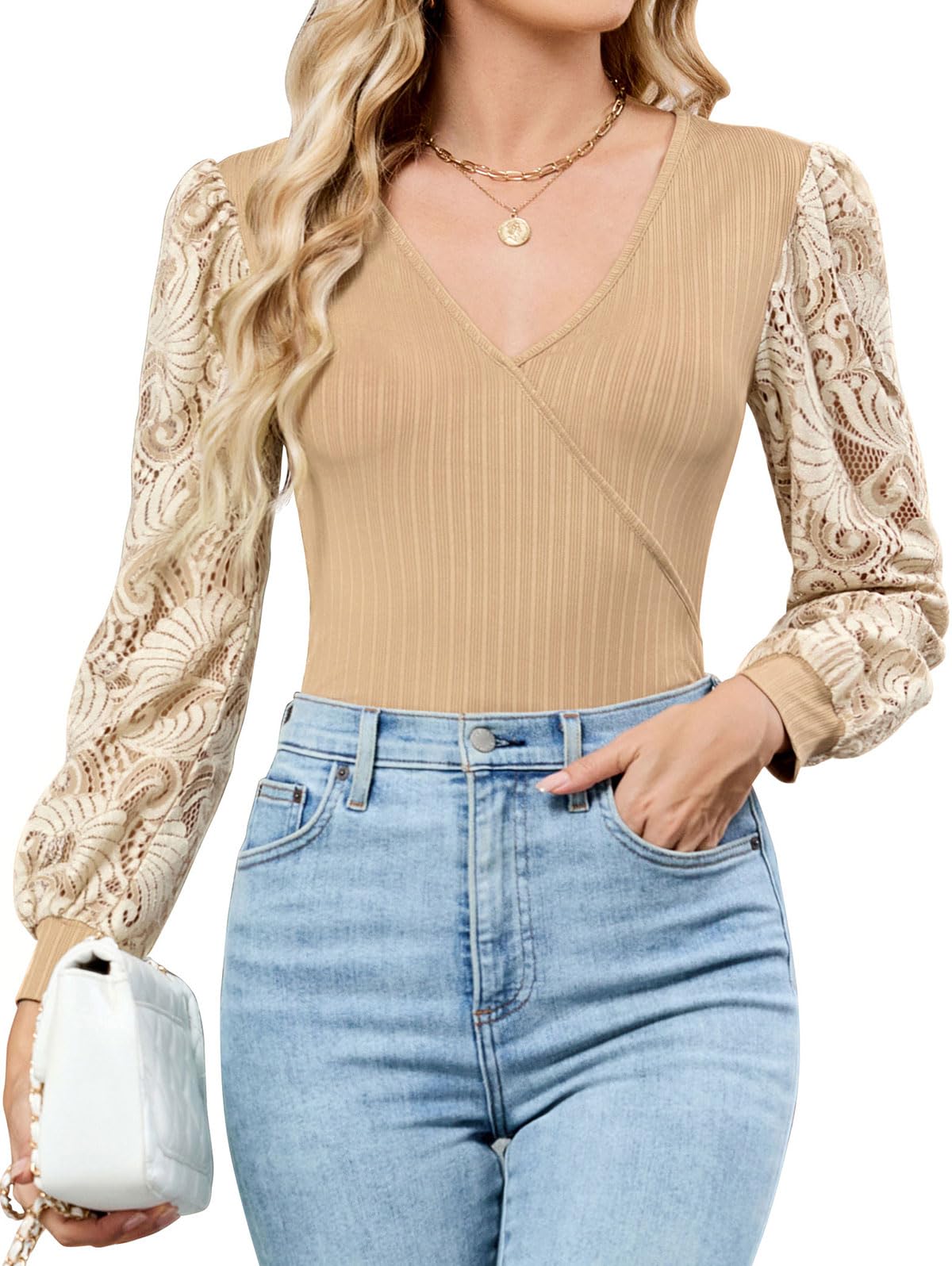 Dionelis Cross Wrap Deep V Neck Long Sleeve Tops
