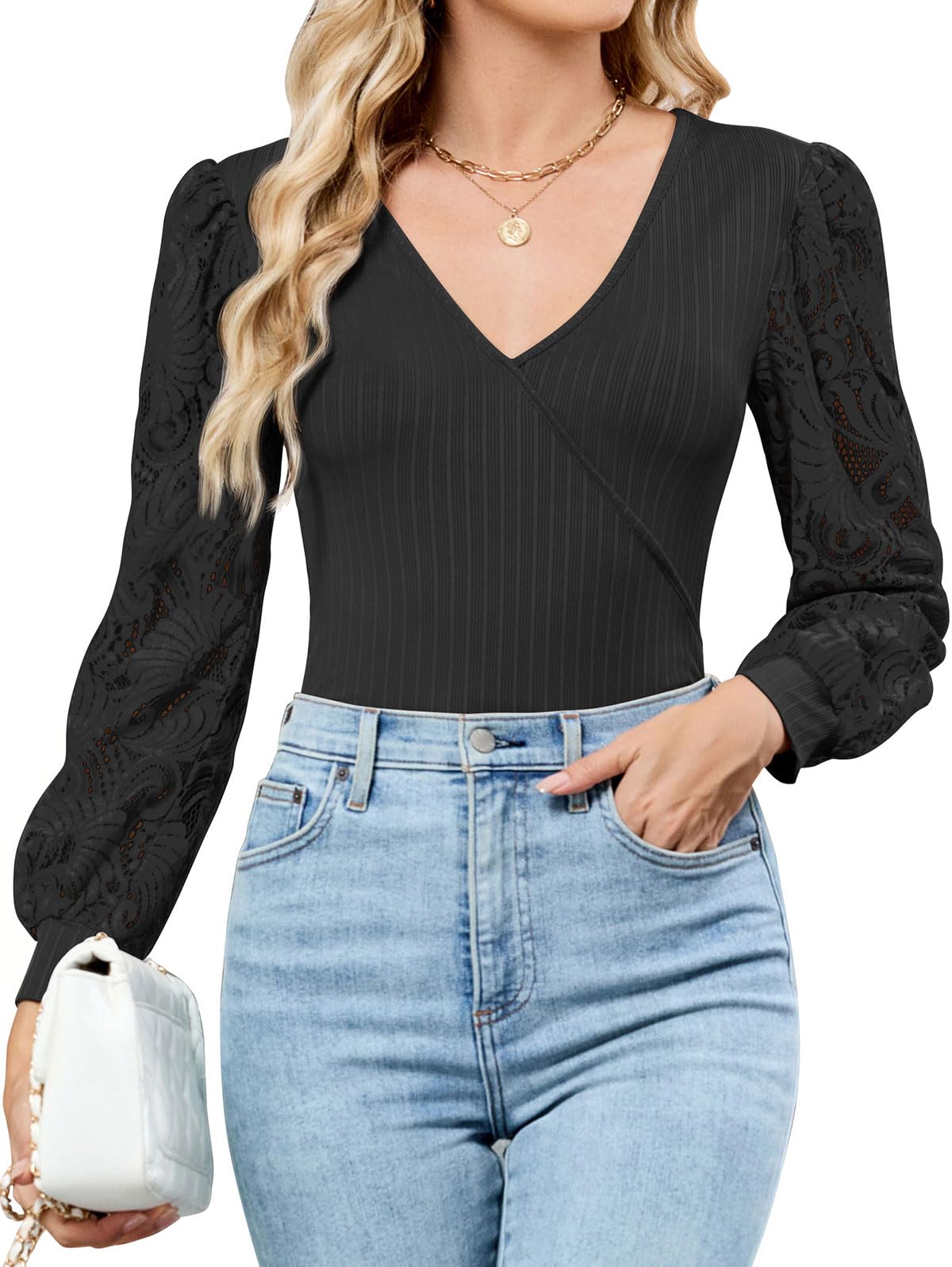 Dionelis Cross Wrap Deep V Neck Long Sleeve Tops
