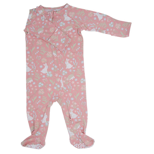 Pink Bunny Floral Zipper Footie