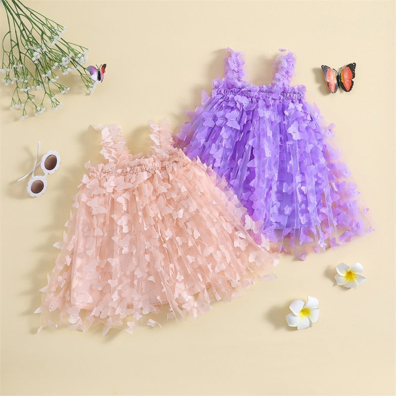 Guadalupe Girls Dress 3D Butterfly Solid Sleeveless Summer - GuGuTon