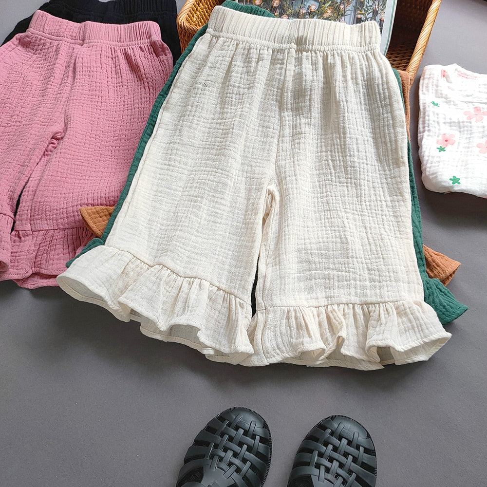 Casual Cotton Yarn Ruffle Capris Shorts Children Clothes Pant